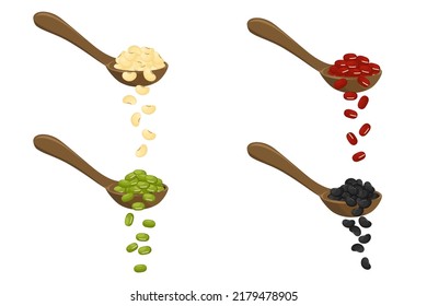 Collection Of Mix Bean (soy Beans, Adzuki Bean, Green Mung, Black Bean) In Wooden Spoon Isolated On White Background. Icon Vector Illustration.