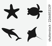 collection of mix sea animals silhouette, Starfish, Sea turtle, Whale, Manta ray