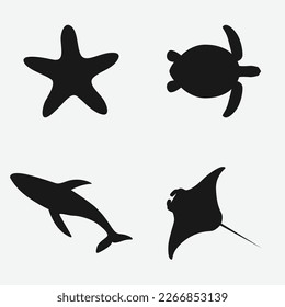 colección de silueta de animales de mar mezclados, pez estrella, tortuga marina, ballena, manta raya