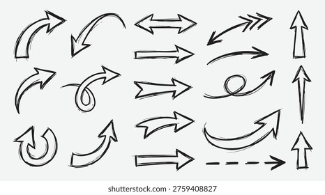 Collection of mixed arrows set in multiple directions isolated on white background, ideal for navigation, interface design, and visual guidance elements