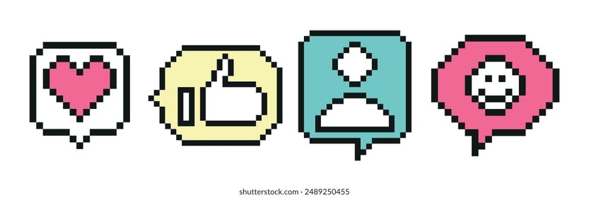 Colección de burbuja de habla pixelada mixta. Paquete de iconos de arte de píxeles de 8 bits de red social. Seguir Como, comentario, Conjunto de notificaciones con corazón, usuario, burbuja de voz, mano humana.