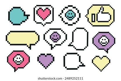 Colección de burbuja de habla pixelada mixta. Paquete de iconos de arte de píxeles de 8 bits de red social. Conjunto de notificaciones con corazón, usuario, burbuja de voz, mano humana.