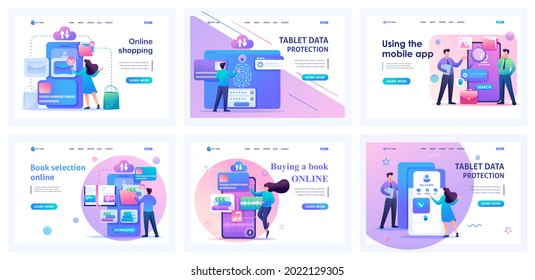 Collection Of Mobile App Landing Pages. People Use Mobile Apps For Online Shopping, Data Storage, Data Protection. Cartoon Flat Characters