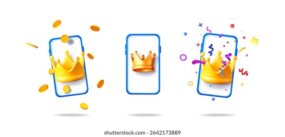 Collection of mobile phone with golden crown, coins, and confetti. Online gaming app. Leaderboard and winner concept for ui, ux.