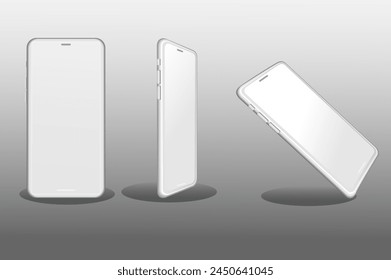 A collection of mobile phone mockups in realistic 3d design. Black and white image with a mobile phone in different angles on a gray background. Vector illustration.