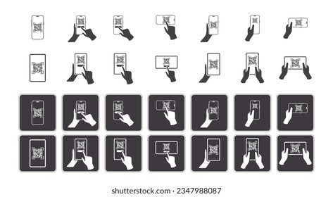 A collection of mobile scanning QR code icons, depicting hands grasping a smartphone and a tablet. Smartphone with QR code icon set in flat style collection. Mobile phone with hand and qr code symbol.