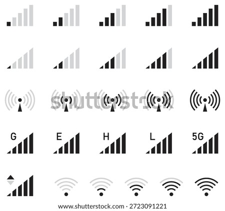 Collection of mobile signal strength and wireless connectivity icons showing different levels, networks and technologies including 2G, 3G, 4G, LTE, 5G and WiFi. Ideal for apps, UI, web and technology.