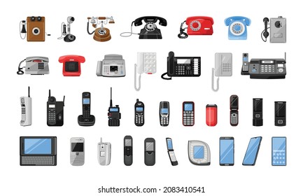 Collection of mobile and stationary telephones. Communication devices. Modern and old telephones.