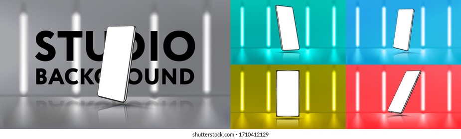 A collection of mobile telephones and smartphones on the background of a studio room for the presentation of goods. Set 3D realistic phones at different angles. Mockup generic device. Vector gadgets