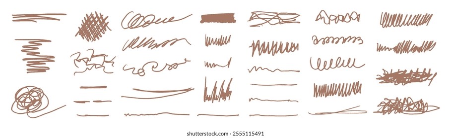 A collection of Mocha Mousse messy, squiggly lines and squiggles. Some are thick, some are thin, some are long, some are short