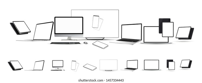 Collection Mockup Gadgets. 3D realistic set  (tablet, tv, laptop,mobile cellphone, pc monitor) Devices isolated on white background. Vector mockups set for website and presentation. Vector technique