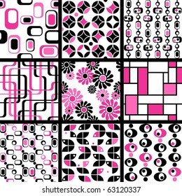 Collection of mod seamless patterns in pink and black(Eps10); jpg version also available