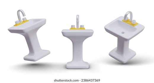 Collection with model of wash basin in realistic style in different positions. 3d home concept. Morning water procedures concept. Vector illustration with shadow in 3d style