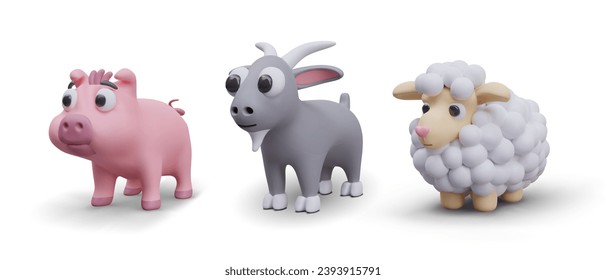 Collection with models of baby pig, gray goat, and fluffy sheep standing on white background. Vector illustration in 3d style on white background with shadow