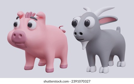 Kollektion mit Models von Baby-rosa Schwein und graue Ziege. Realistische Haustiere für Online-Zuchtwild. Vektorgrafik im 3D-Stil auf grauem Hintergrund