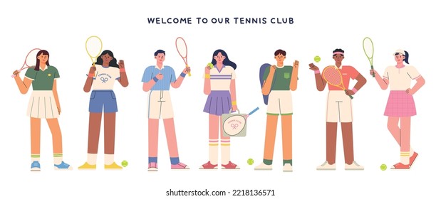 Una colección de modelos con camisetas de tenis elegantes. ilustración vectorial plana.