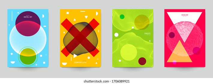 Collection of modern abstract art background in flat geometric style. Minimal colorful design composition. Bright template for branding cover, poster, card. Creative futuristic vector illustration.