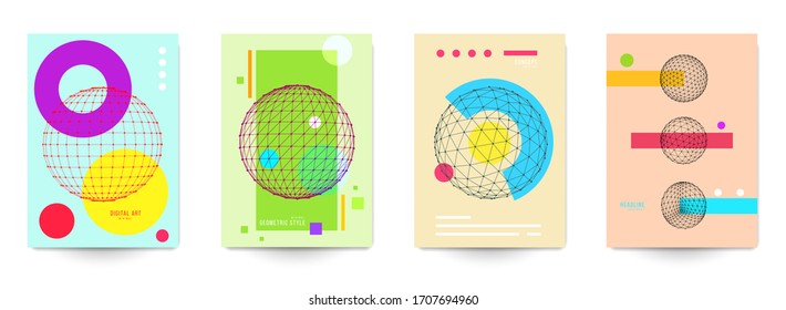 Collection of modern abstract art background in flat geometric style. Minimal colorful design composition. Bright template for branding cover, poster, card. Creative futuristic vector illustration.
