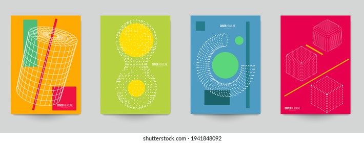 Collection of modern abstract art background in flat geometric style. Minimal colorful design composition. Bright template for branding cover, poster, card. Creative futuristic vector illustration.