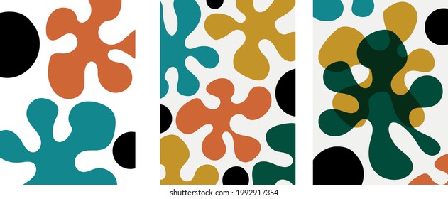 Collection of modern abstract art illustrations. Form - colored blots (drops) on a gray background