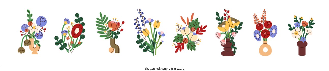 Collection of modern abstract elegant bouquets of bright blossomed flowers in vases isolated on white background. Set of trendy decorative floral composition. Colorful flat vector illustration