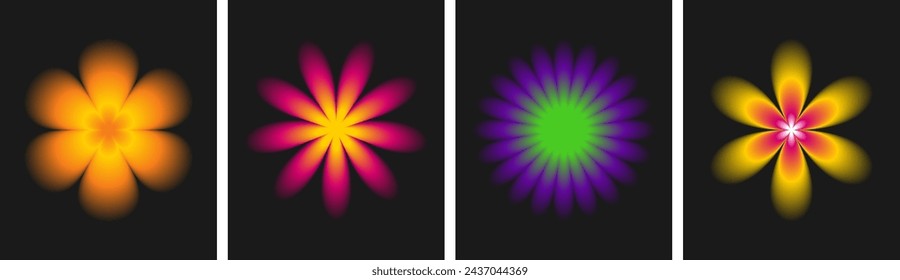 Collection of modern abstract flower shapes with blurry effect on black background. Set of trendy  aura gradient posters, cards in y2k style for social media. Vector illustration 