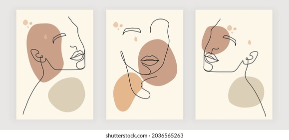 Colección de rostros femeninos minimalistas lineales y abstractos modernos sobre fondo beige. Plantilla con diferentes formas para la decoración de pared, postal o portada de folleto. Ilustración vectorial de dibujos animados planos