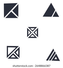 Uma coleção de logotipos abstratos modernos com formas triangulares e quadradas com cortes de linhas nítidos. Perfeito para marcas, start-ups de tecnologia, arquitetura ou ícones de aplicativos. Esses logotipos vetoriais são limpos, profes