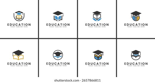 Coleção de logotipos modernos e abstratos com bonés de graduação e livros abertos, simbolizando educação, aprendizagem e realização acadêmica. Ideal para escolas, universidades e serviços educacionais.