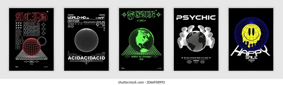 Collection of modern abstract posters. In Acid style, stylish print for streetwear, print for t-shirts and hoodies, isolated on black background