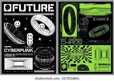 Colección de afiches abstractos modernos. En estilo ácido, resaltado sobre un fondo negro. Estilo gráfico ácido. Resumen de la plantilla de diseño de afiches o folletos rudos o de impresión para caramelos de ropa. Vector