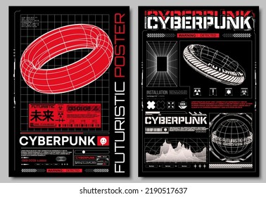 Collection of modern abstract posters. In acid style rave, mesh, text design, planet earth. Retro futuristic design elements, perspective grid, tunnel,circle. Translation: "Future , Digital, Futurism"