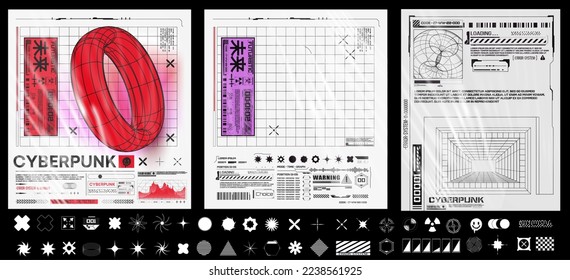 Collection of modern abstract posters. In acid style. Retro futuristic design elements, perspective grid, tunnel, circle. Black and white retro cyberpunk style. Retro futuristic vector flyers and card