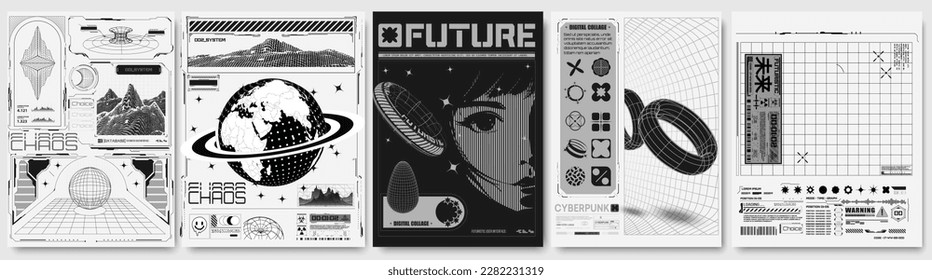 Collection of modern abstract posters. In acid style. Retro futuristic design elements, perspective grid, tunnel, circle. Black and white retro cyberpunk style. Vector illustration
