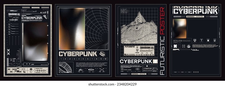 Collection of modern abstract posters. In acid style. Retro futuristic design elements, perspective grid, tunnel, circle. Black and white retro cyberpunk style. Vector illustration