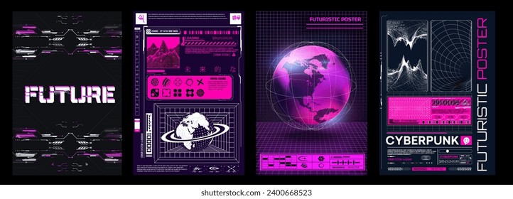 Collection of modern abstract posters. In acid style. Retro futuristic design elements, perspective grid. Translation-Futuristic. Vector illustration