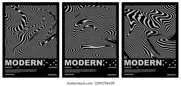 Collection of modern abstract posters with liquid effect. Techno style, psychedelic design, prints for t-shirts and sweatshirts. isolated on black background