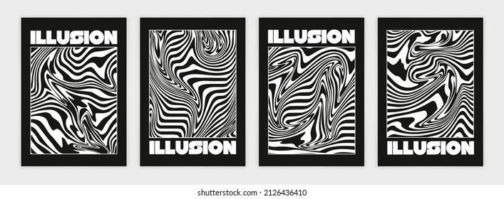 Collection of modern abstract posters with optical illusion. In techno style, psychedelic design, prints for T-shirts and hoodies. Isolated on black background