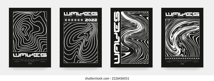 Colección de afiches abstractos modernos con ondas ópticas. En estilo tecno, diseño psicodélico, estampados para camisetas y caramelos. Aislado sobre fondo negro