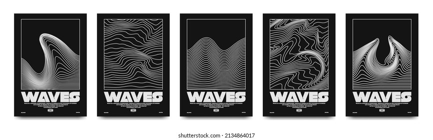 Collection of modern abstract posters with optical waves. In techno style, psychedelic design, prints for T-shirts and hoodies. Isolated on black background