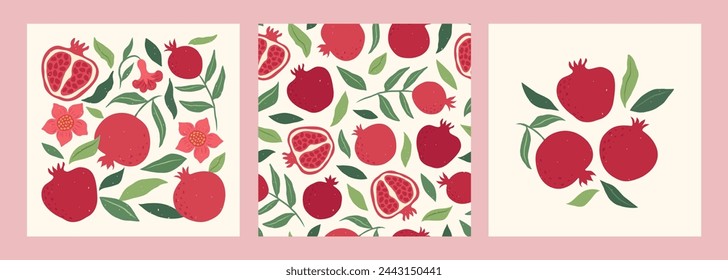 Collection modern abstract prints and seamless pattern with pomegranates and leaves. Modern art poster. Summer vector design for cards, invitations, posters, banners.