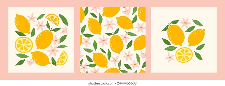 Collection modern abstract prints and seamless pattern with lemons, flowers and leaves. Modern abstract art poster. Set of citrus tropical fruits. Summer vector design for card, wrap paper, fabric.