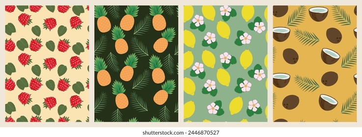 Colección de estampados abstractos modernos y patrón sin fisuras con frutas y hojas. Cartel de arte moderno. Diseño de Vector de frutas de verano para tarjetas, invitaciones, carteles, Anuncios.