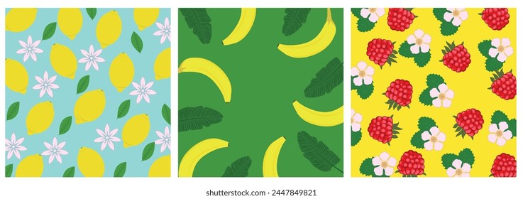 Colección de estampados abstractos modernos y patrón sin fisuras en el tema de la comida. Ilustración con frutas, bayas y hojas. Cartel de arte moderno. Diseño de Vector de verano para tarjetas, carteles, Anuncios.