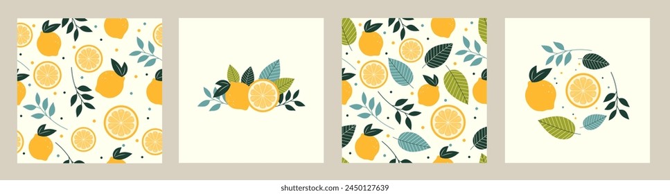 Colección estampados abstractos modernos y patrón sin fisuras con limones y hojas. Estampado de arte moderno. Conjunto de cítricos tropicales. Diseño de Vector de verano para tarjetas, invitaciones, carteles, Anuncios.