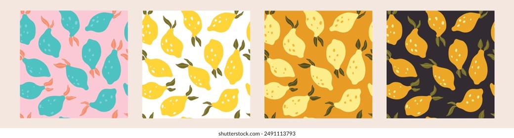 Collection modern abstract prints and seamless pattern with lemons and leaves. Modern art print. Set of citrus tropical fruits. Summer vector design for