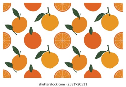 Collection modern abstract prints and seamless pattern with oranges and leaves. Modern art print. Set of citrus tropical fruits. Summer vector design for cards, invitations, posters, banners