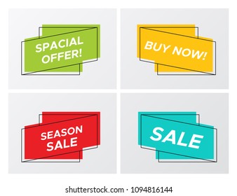 Collection of modern abstract sale banner in creative form. Simple graphic ribbon shape promo sticker with shop offer title and vivid colors. Vector illustration with sale tags for store flyer.