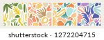 Collection of modern abstract seamless patterns with natural colorful shapes or blots on white background. Trendy motley vector illustration in flat style for wrapping paper, textile print, wallpaper.