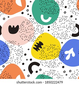 Collection of modern abstract seamless patterns with natural colorful shapes or blots on white background.